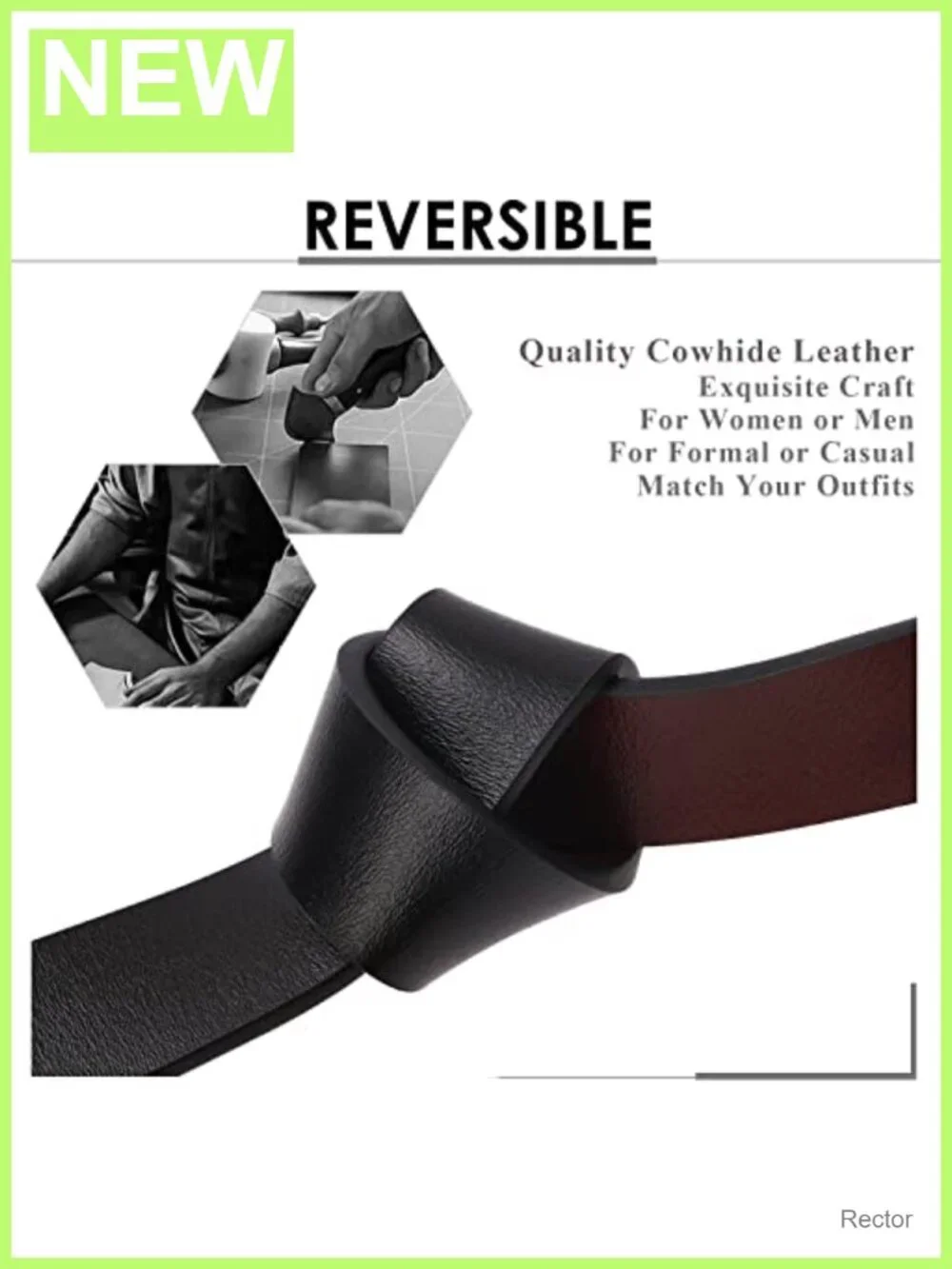 Reversible Leather Belt with Rotated Metal Buckle, Adjustable Designer Belt